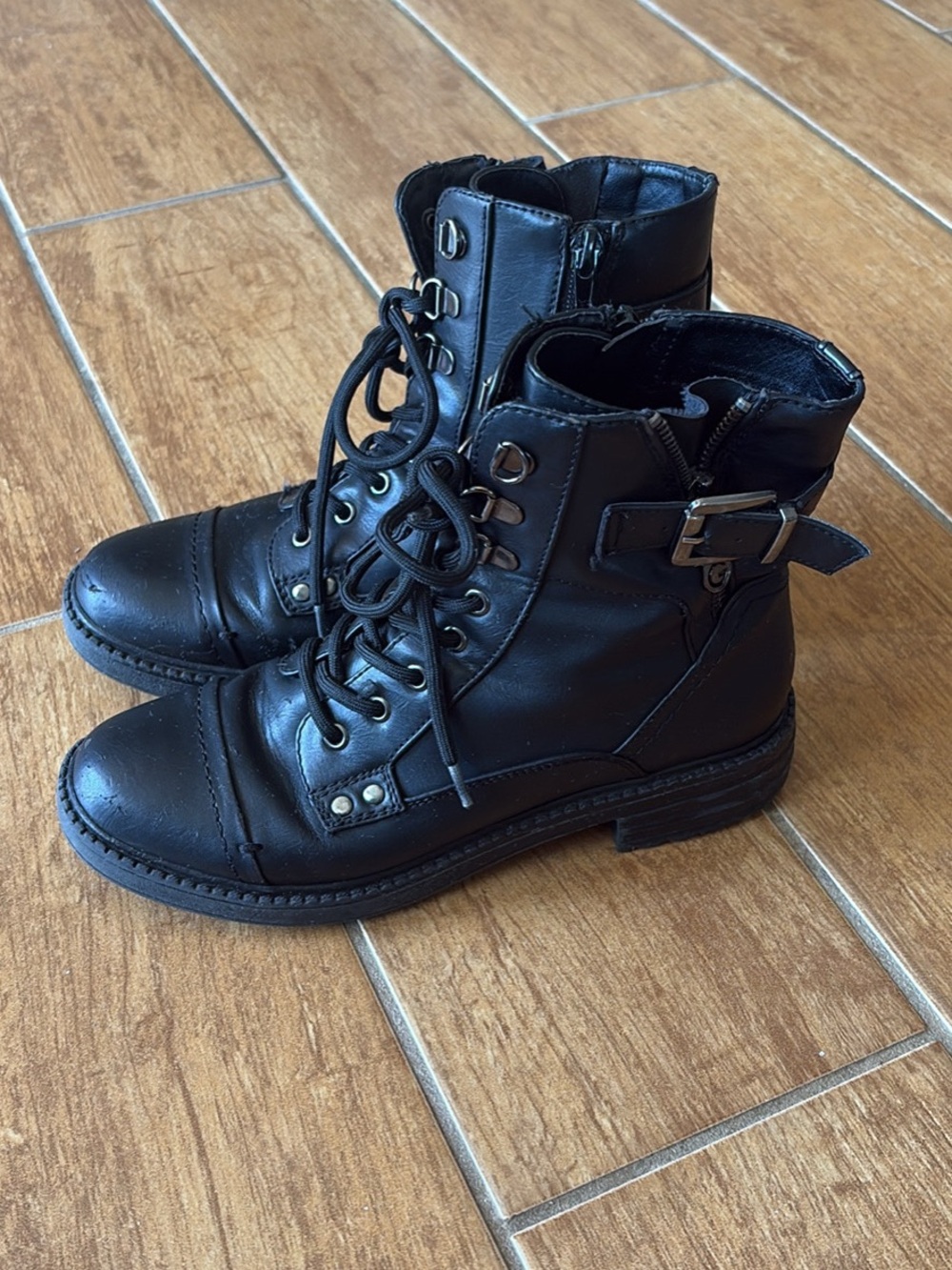 Guess Black Leather Combat Boots with Buckle